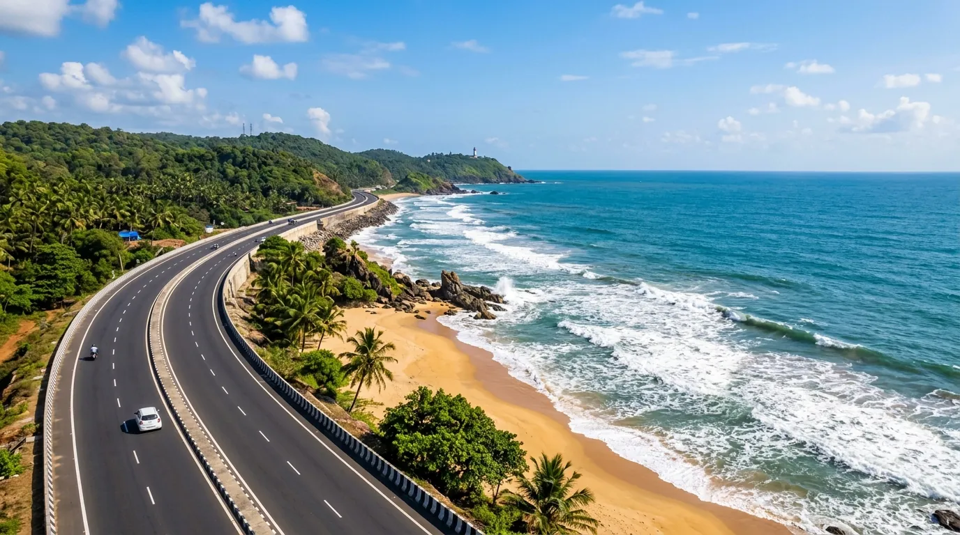 Beautiful scenic view of the coastal highway NH51 running alongside the Arabian Sea in Gujarat