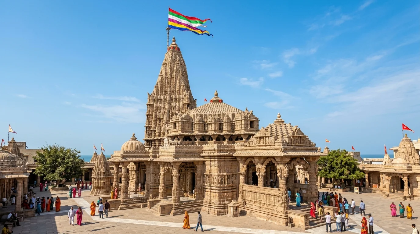 Cinematic daytime shot of Gomti Ghat in Dwarka with pilgrims and ancient carved temples lining the riverbank