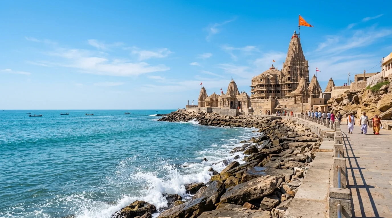 Beautiful bright sunny day in Dwarka with the blue Arabian Sea and ancient stone temple