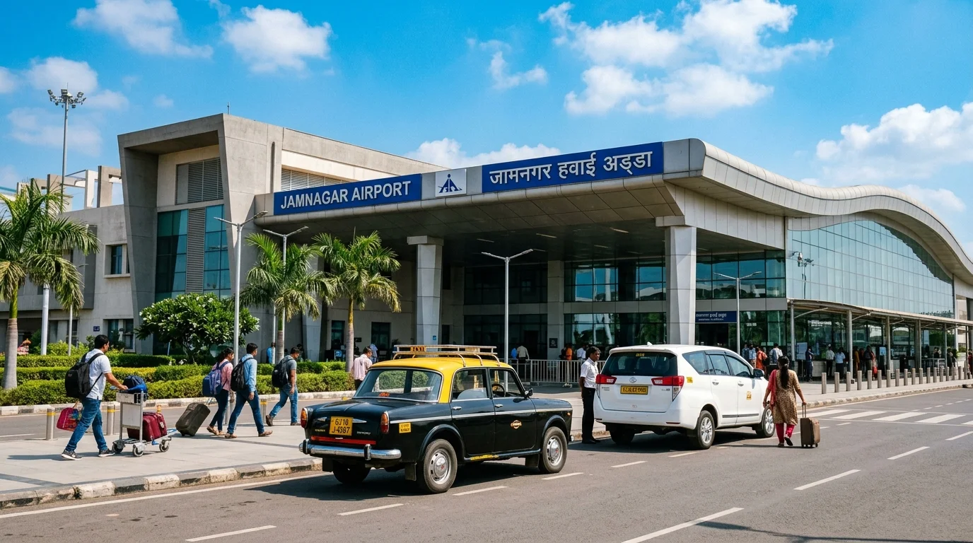 Cinematic daytime shot of Jamnagar airport terminal with a taxi waiting outside