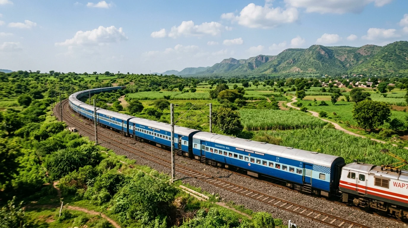 Cinematic view of Saurashtra Mail traveling from Mumbai to Dwarka through the green landscapes of Gujarat