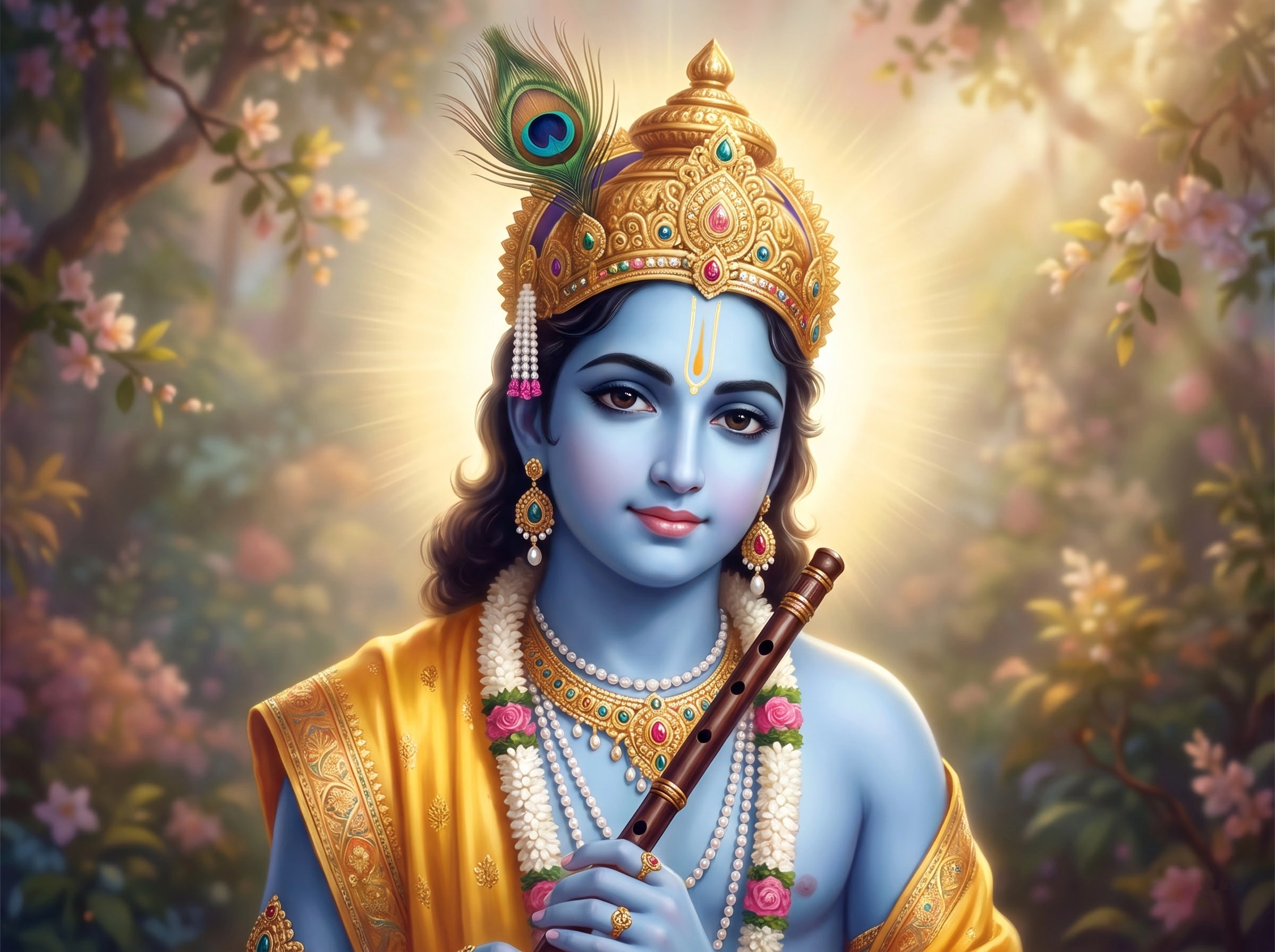 दीप्तिमान बांसुरी के साथ श्रीकृष्ण का भक्तिमय चित्र