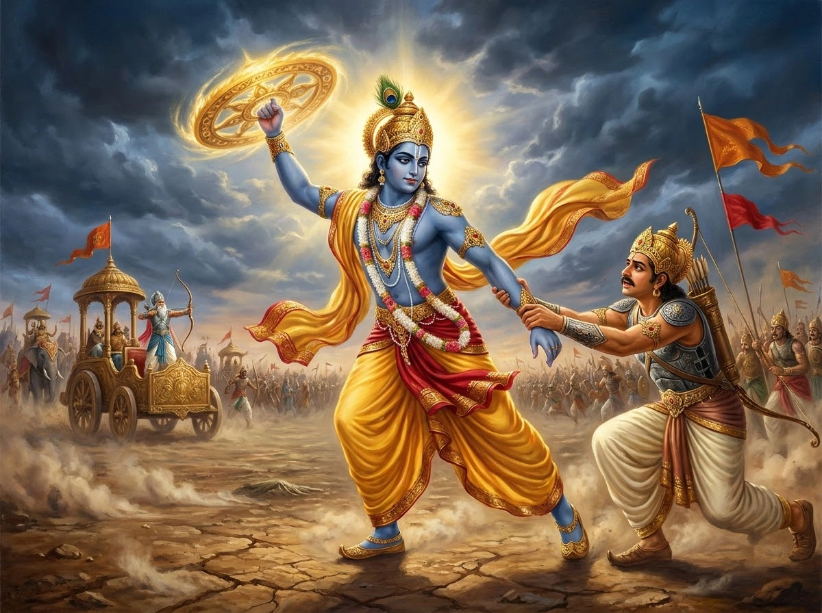 अर्जुन की रक्षा करते कृष्ण का भक्तिमय चित्र