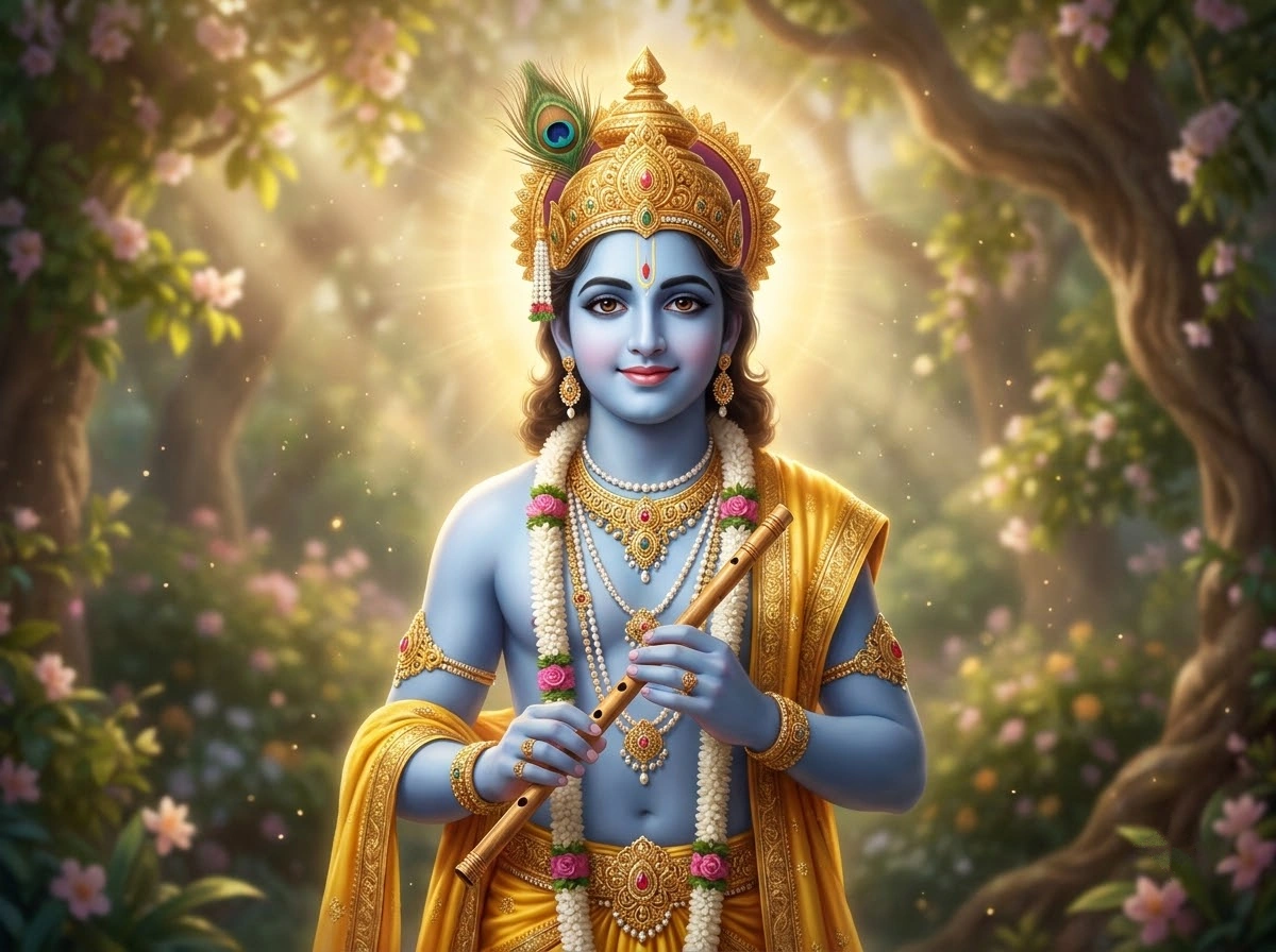 बांसुरी के साथ कृष्ण का भक्तिमय चित्र