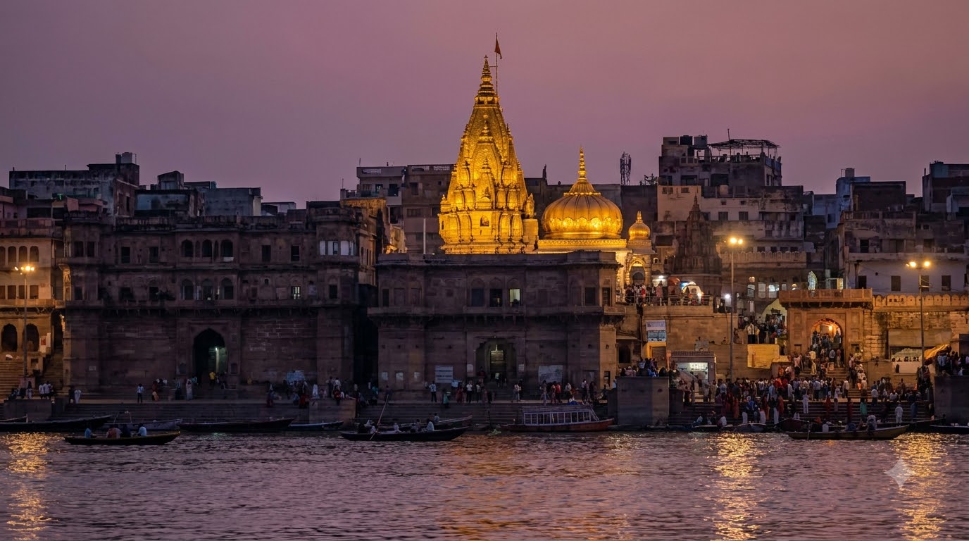 Kashi Vishwanath Temple golden spire on the Ganga ghats at dusk, Varanasi