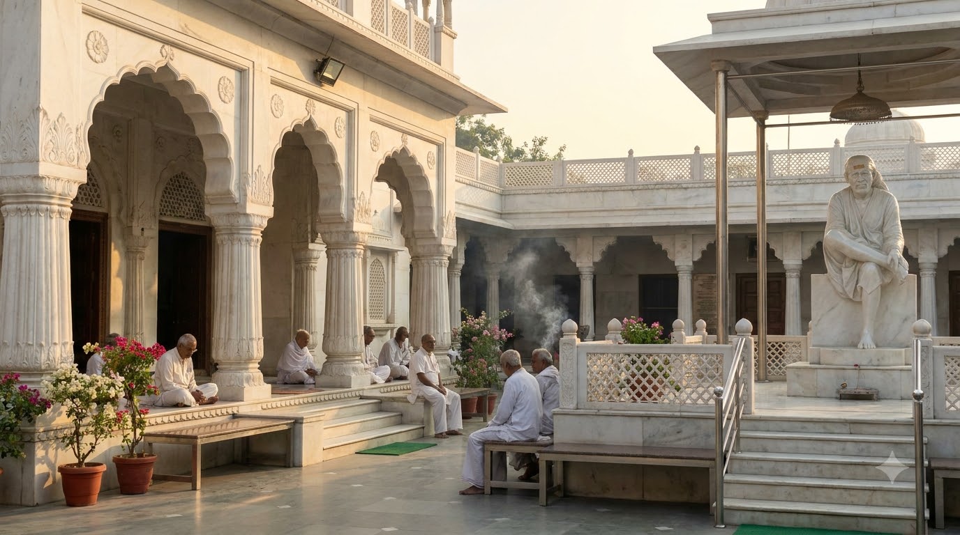 Shirdi Sai Baba Temple white marble courtyard with Sai Baba statue, Shirdi, Maharashtra