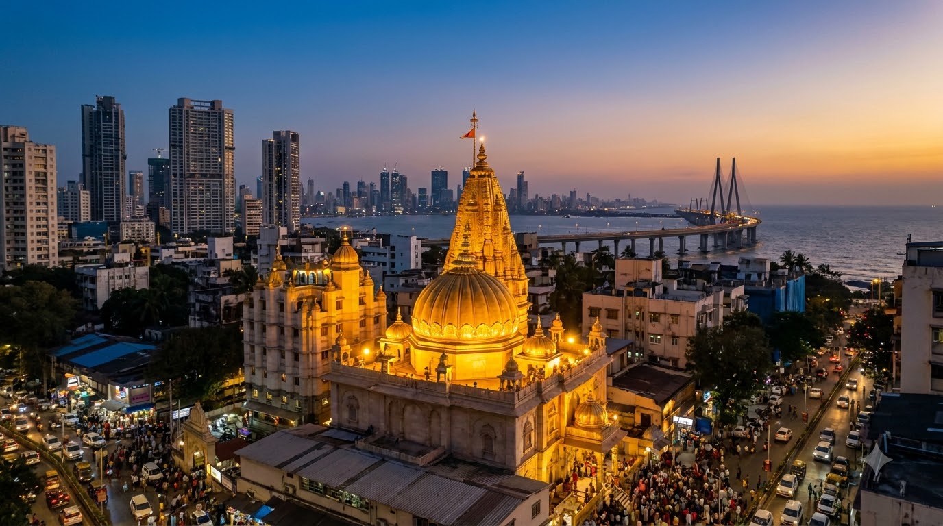 Siddhivinayak Temple golden dome at dusk with Mumbai skyline and Bandra-Worli Sea Link